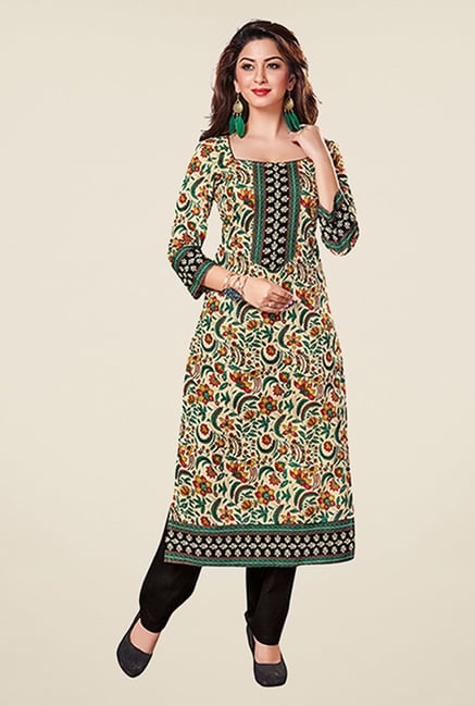 Salwar Studio Beige & Green Floral Print Unstitched Kurti Salwar Studio Beige & Green Floral Print Unstitched Kurti