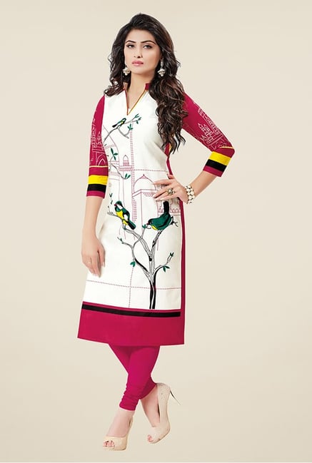 Salwar Studio Off White & Pink Printed Unstitched Kurti Salwar Studio Off White & Pink Printed Unstitched Kurti