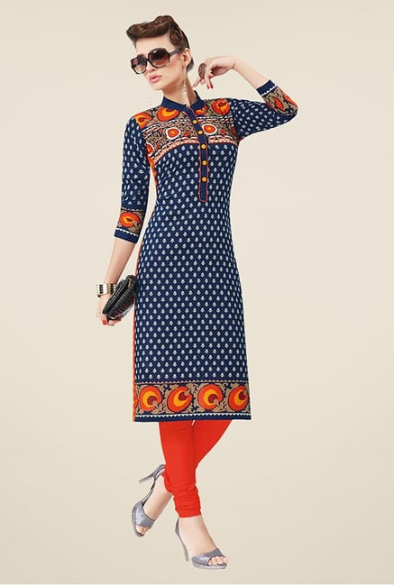 Salwar Studio Blue & Orange Printed Unstitched Kurti Salwar Studio Blue & Orange Printed Unstitched Kurti