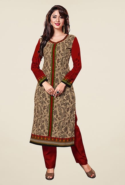 Salwar Studio Beige & Red Floral Print Unstitched Kurti Salwar Studio Beige & Red Floral Print Unstitched Kurti