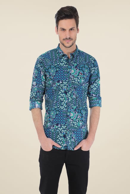 Basics Teal Printed Shirt Basics Teal Printed Shirt