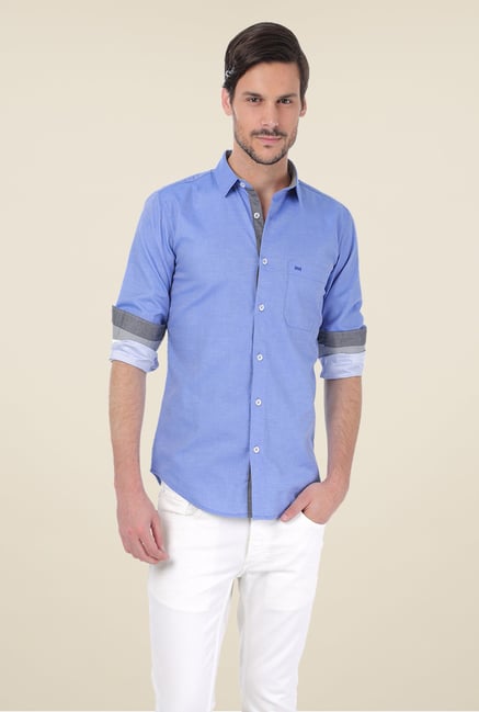 Basics Blue Self Print Shirt Basics Blue Self Print Shirt