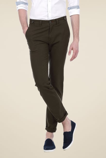 Basics Olive Solid Mid-rise Trousers Basics Olive Solid Mid-rise Trousers