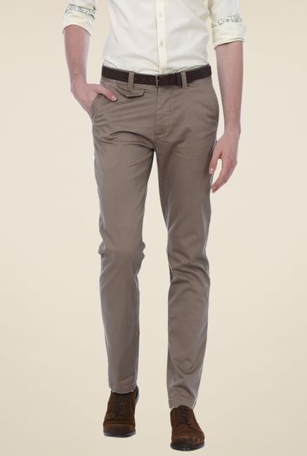 Basics Khaki Solid Mid-rise Trousers Basics Khaki Solid Mid-rise Trousers
