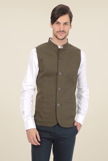 Basics Olive Solid Cotton Jacket Basics Olive Solid Cotton Jacket