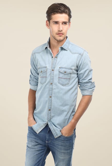 Basics Denim Blue Solid Shirt Basics Denim Blue Solid Shirt