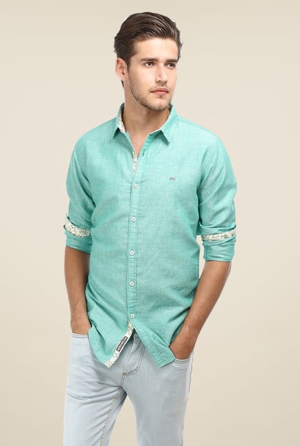 Basics Turquoise Self Print Shirt Basics Turquoise Self Print Shirt