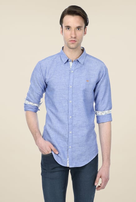 Basics Blue Self Print Shirt Basics Blue Self Print Shirt