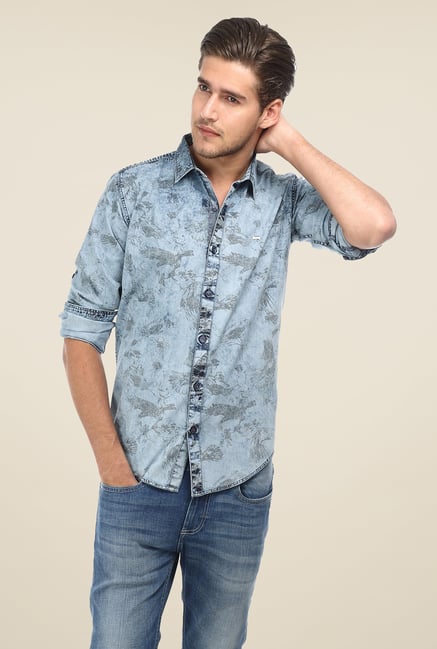 Basics Denim Blue Printed Shirt Basics Denim Blue Printed Shirt
