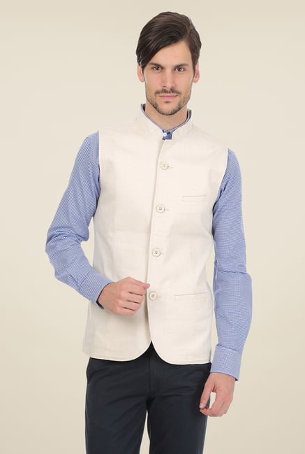 Basics Ecru Solid Cotton Jacket Basics Ecru Solid Cotton Jacket