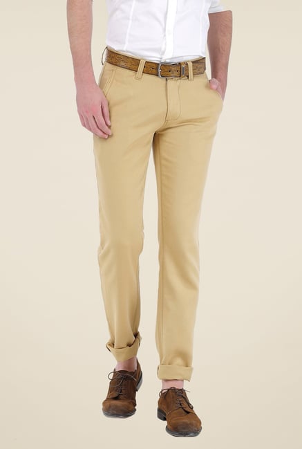 Basics Khaki Solid Linen Blend Trousers Basics Khaki Solid Linen Blend Trousers