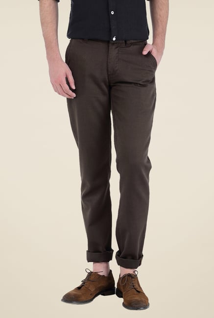 Basics Brown Solid Linen Blend Trousers Basics Brown Solid Linen Blend Trousers