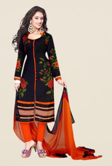 Salwar Studio Navy & Orange Floral Print Dress Material Salwar Studio Navy & Orange Floral Print Dress Material