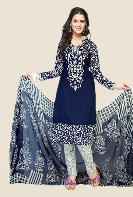 Salwar Studio Navy & Off White Printed Dress Material Salwar Studio Navy & Off White Printed Dress Material
