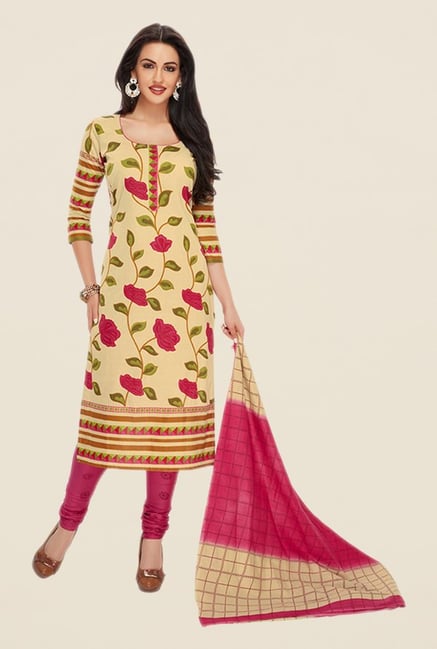 Salwar Studio Beige & Pink Floral Print Dress Material Salwar Studio Beige & Pink Floral Print Dress Material