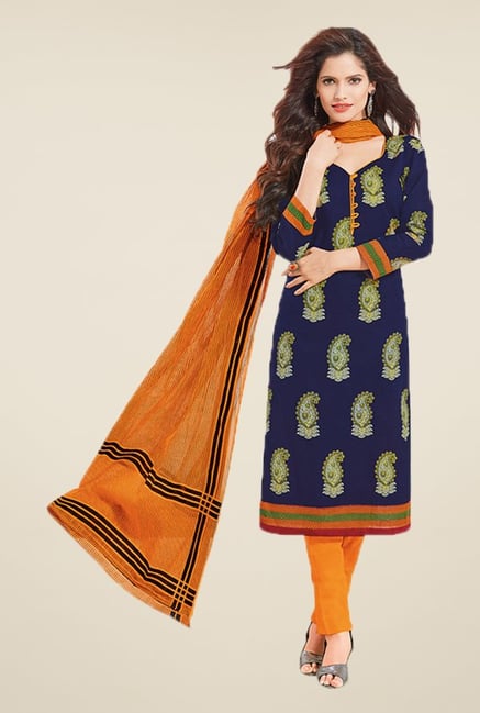 Salwar Studio Navy & Orange Paisley Print Dress Material Salwar Studio Navy & Orange Paisley Print Dress Material