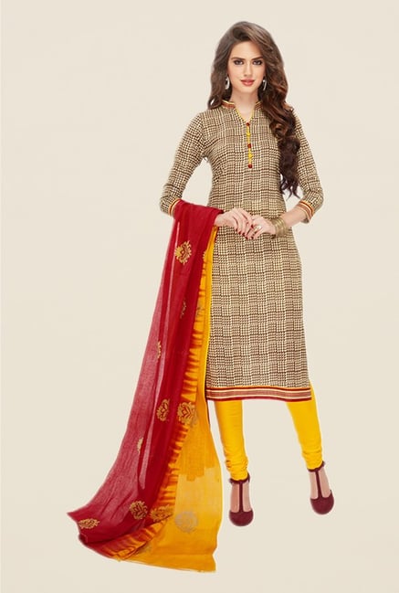 Salwar Studio Brown & Yellow Printed Dress Material Salwar Studio Brown & Yellow Printed Dress Material