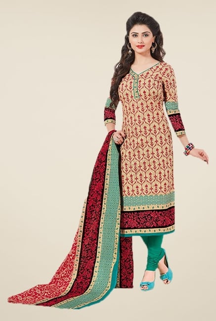 Salwar Studio Beige & Green Floral Print Dress Material Salwar Studio Beige & Green Floral Print Dress Material