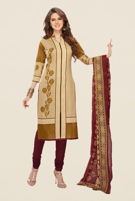 Salwar Studio Beige & Burgundy Floral Print Dress Material Salwar Studio Beige & Burgundy Floral Print Dress Material