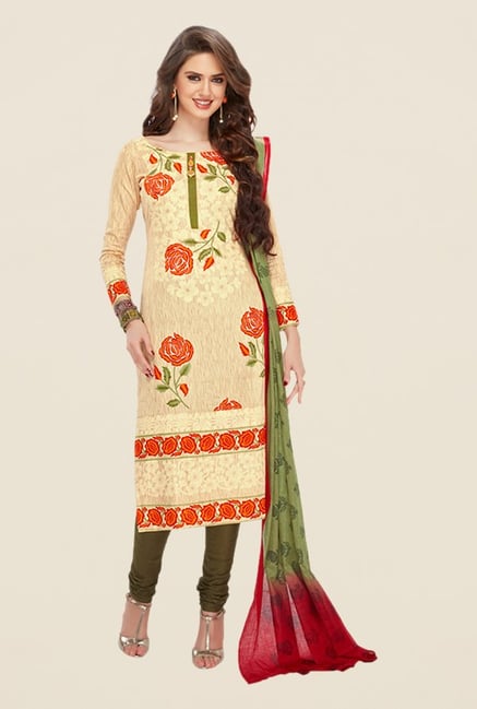 Salwar Studio Beige & Olive Floral Print Dress Material Salwar Studio Beige & Olive Floral Print Dress Material