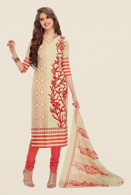 Salwar Studio Fawn & Coral Printed Dress Material Salwar Studio Fawn & Coral Printed Dress Material