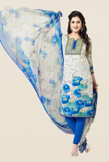 Salwar Studio Beige & Blue Floral Print Dress Material Salwar Studio Beige & Blue Floral Print Dress Material