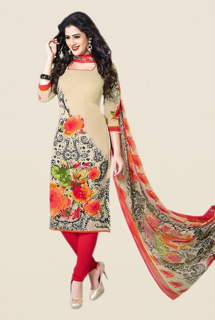 Salwar Studio Beige & Red Floral Print Dress Material Salwar Studio Beige & Red Floral Print Dress Material
