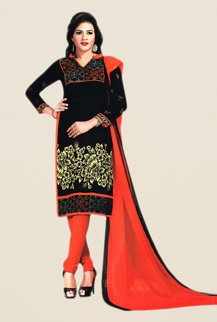 Salwar Studio Black & Orange Floral Print Dress Material Salwar Studio Black & Orange Floral Print Dress Material