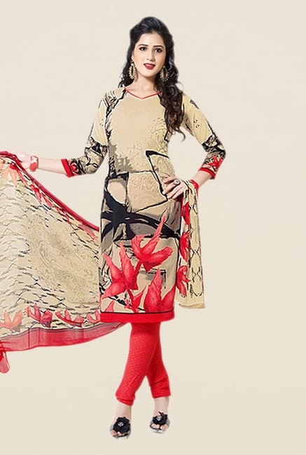 Salwar Studio Beige & Red Printed Dress Material Salwar Studio Beige & Red Printed Dress Material