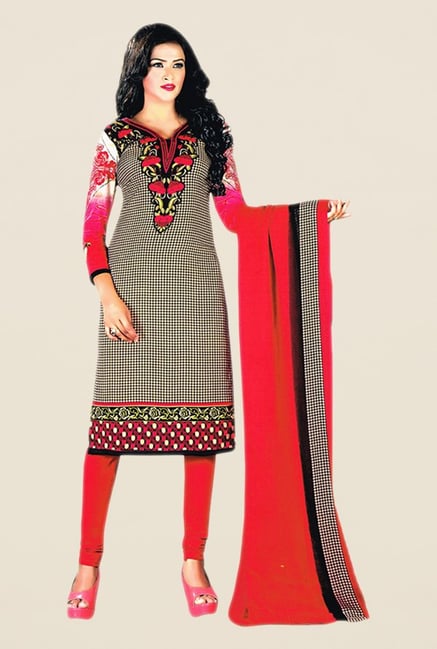 Salwar Studio Beige & Red Floral Print Dress Material Salwar Studio Beige & Red Floral Print Dress Material