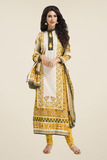 Salwar Studio Yellow & Off White Floral Print Dress Material Salwar Studio Yellow & Off White Floral Print Dress Material