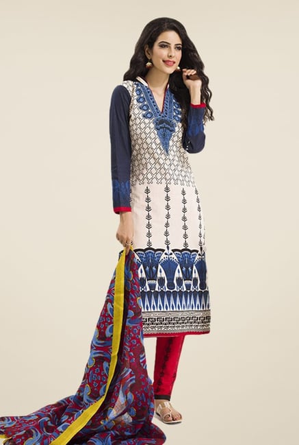 Salwar Studio Cream & Blue Printed Dress Material Salwar Studio Cream & Blue Printed Dress Material
