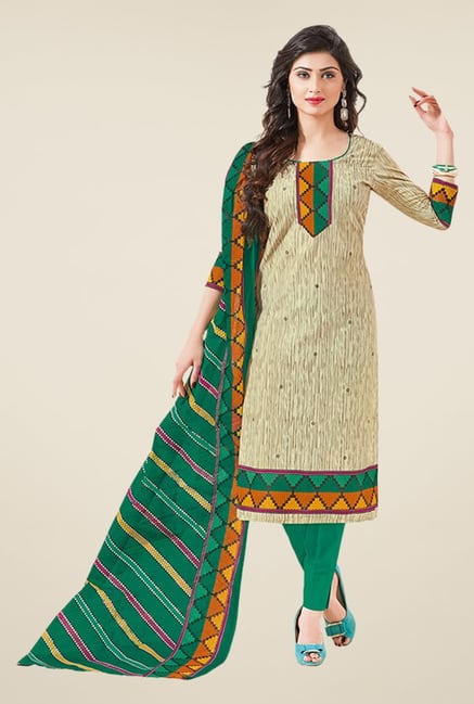 Salwar Studio Fawn & Green Printed Dress Material Salwar Studio Fawn & Green Printed Dress Material