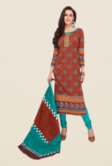 Salwar Studio Brown & Turquoise Printed Dress Material Salwar Studio Brown & Turquoise Printed Dress Material