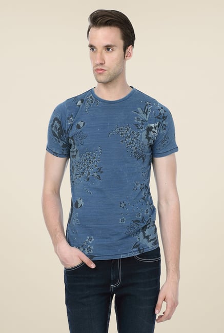 Basics Blue Floral Print Crew T-shirt Basics Blue Floral Print Crew T-shirt