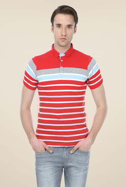 Basics Red Striped Blend Shirt Collar Polo T-shirt Basics Red Striped Blend Shirt Collar Polo T-shirt