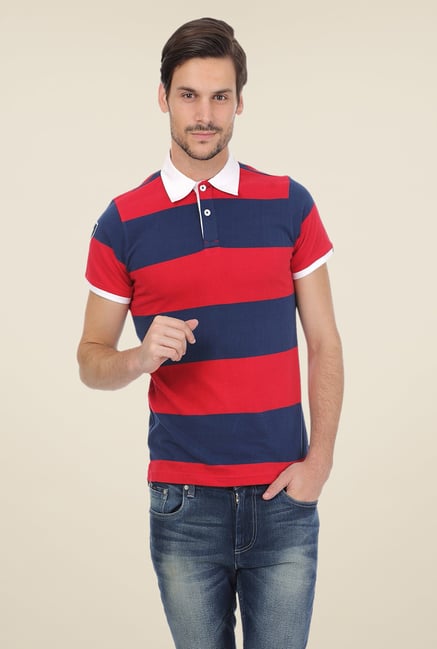 Basics Red Striped Cotton Shirt Collar Polo T-shirt Basics Red Striped Cotton Shirt Collar Polo T-shirt