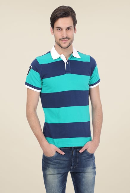 Basics Turquoise Striped Short Sleeve Polo T-shirt Basics Turquoise Striped Short Sleeve Polo T-shirt