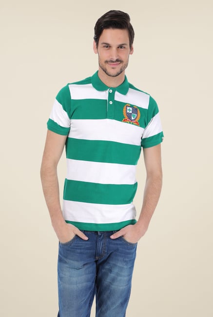 Basics Green Striped Polo Cotton T-shirt Basics Green Striped Polo Cotton T-shirt
