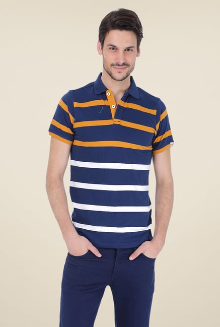 Basics Navy Striped Cotton Shirt Collar Polo T-shirt Basics Navy Striped Cotton Shirt Collar Polo T-shirt