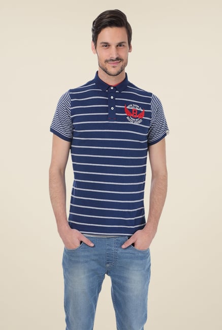 Basics Navy Striped Blend Shirt Collar Polo T-shirt Basics Navy Striped Blend Shirt Collar Polo T-shirt