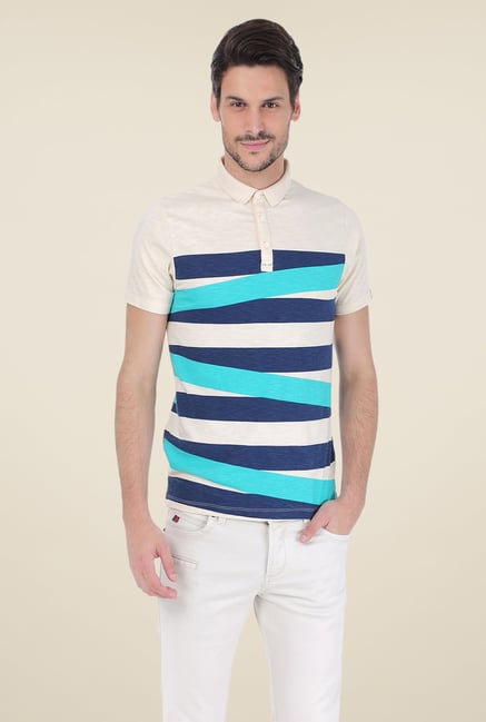Basics Beige Striped Polo T-shirt Basics Beige Striped Polo T-shirt