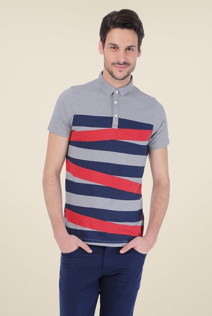 Basics Grey Striped Polo T-shirt Basics Grey Striped Polo T-shirt