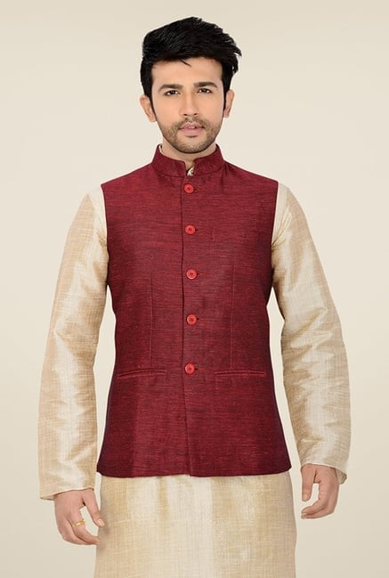 Manyavar Classic Maroon Textured Sleeveless Nehru Jacket Manyavar Classic Maroon Textured Sleeveless Nehru Jacket