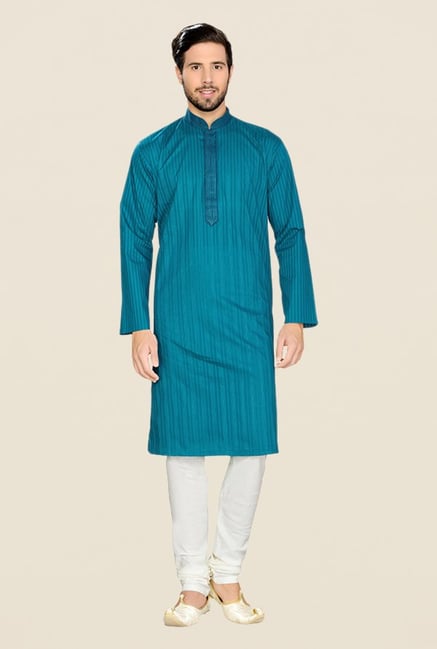 Manyavar Blue & White Striped Kurta & Pyjama Manyavar Blue & White Striped Kurta & Pyjama