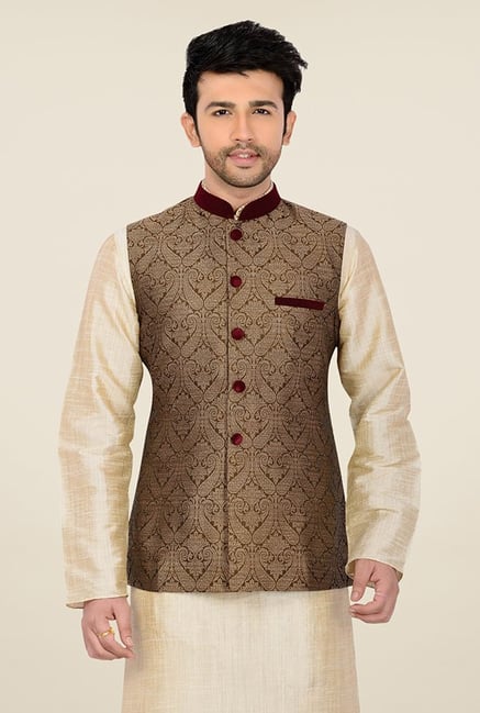 Manyavar Brown Jacquard Resham Nehru Jacket Manyavar Brown Jacquard Resham Nehru Jacket