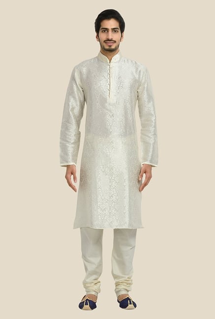 Manyavar Off White Brocade Kurta & Churidar Manyavar Off White Brocade Kurta & Churidar