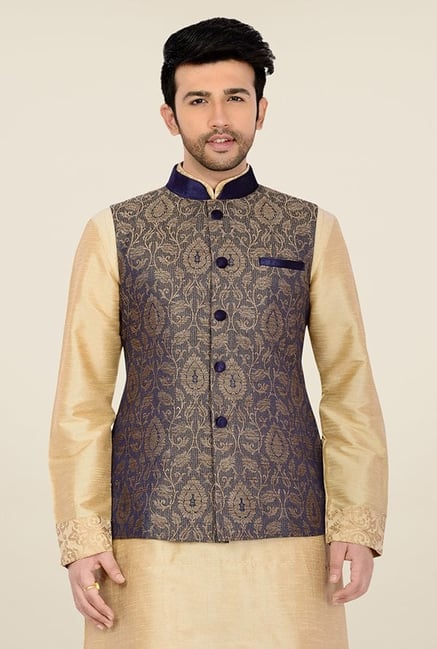 Manyavar Trendy Blue and Beige Jacquard Nehru Jacket Manyavar Trendy Blue and Beige Jacquard Nehru Jacket