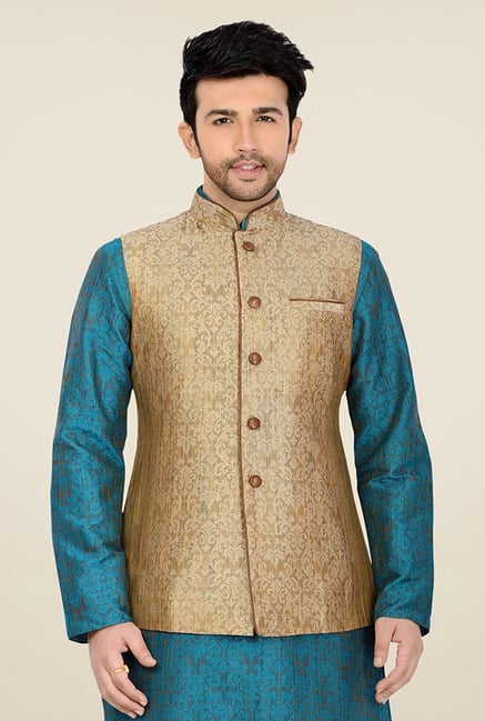 Manyavar Classic Beige and Brown Brocade Nehru Jacket Manyavar Classic Beige and Brown Brocade Nehru Jacket