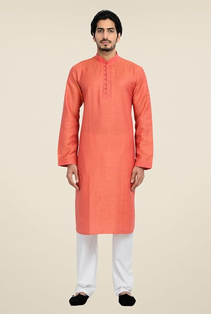 Manyavar Orange & White Linen Kurta & Pyjama Manyavar Orange & White Linen Kurta & Pyjama
